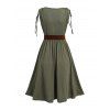 Women Vacation Outfit Colorblock Cinched Shoulder O-ring Belt Faux Twinset Dress and Round Shape Life Tree Pattern Earrings Embroidered Star Printed Boots Set - Vert profond S | US 4