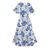 Vacation Couple Outfit Allover Flower Leaf Pattern Slit Flare Sleeve Dress and Button Up Shirt Casual Matching Outfit - Bleu S | US 4