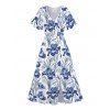 Vacation Couple Outfit Allover Flower Leaf Pattern Slit Flare Sleeve Dress and Button Up Shirt Casual Matching Outfit - Bleu S | US 4