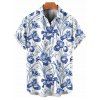 Vacation Couple Outfit Allover Flower Leaf Pattern Slit Flare Sleeve Dress and Button Up Shirt Casual Matching Outfit - Bleu S | US 4