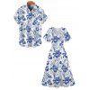 Vacation Couple Outfit Allover Flower Leaf Pattern Slit Flare Sleeve Dress and Button Up Shirt Casual Matching Outfit - Bleu S | US 4