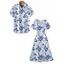 Vacation Couple Outfit Allover Flower Leaf Pattern Slit Flare Sleeve Dress and Button Up Shirt Casual Matching Outfit - Bleu S | US 4