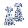 Vacation Couple Outfit Allover Flower Leaf Pattern Slit Flare Sleeve Dress and Button Up Shirt Casual Matching Outfit - Bleu S | US 4