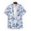 Vacation Couple Outfit Allover Flower Leaf Pattern Slit Flare Sleeve Dress and Button Up Shirt Casual Matching Outfit - Bleu S | US 4