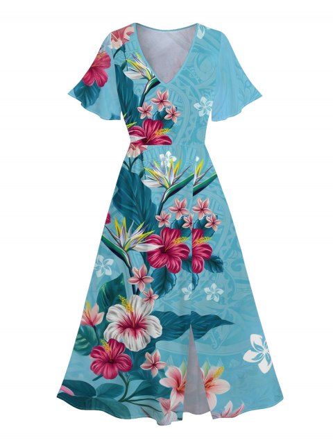 Robe de vacances fendue à motif floral et feuilles colorées, manches évasées, col en V, coupe trapèze, mi-longue, décontractée