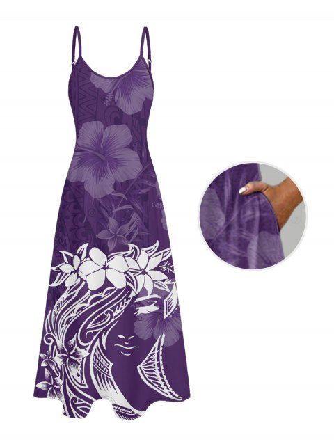 Robe de vacances à imprimé floral, robe longue trapèze à bretelles spaghetti