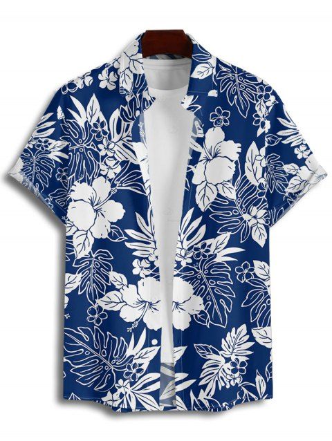 Chemise de vacances pour homme à motif de fleurs d'hibiscus et de feuilles, boutonnée et retroussée, décontractée, à manches courtes