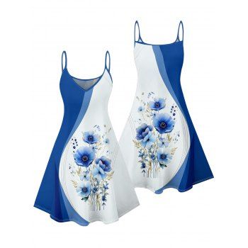 Wedding Flower Colorblock Pattern Vacation Dress Spaghetti Strap V Neck A Line Mini Casual Tank Dress