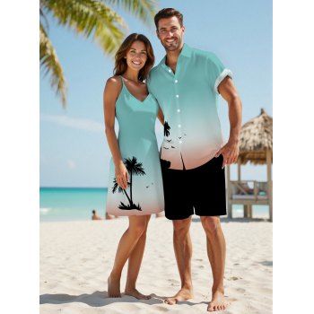 Ombre Palm Tree Print Hawaii Vacation Spaghetti Strap V Neck A Pendulum Mini Dress And Short Sleeve Shirt Matching Outfit