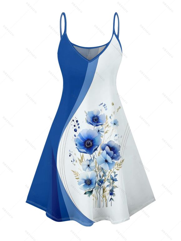 Robe de mariée à motif floral colorblock, robe de vacances décontractée à bretelles spaghetti, col en V, coupe trapèze, mini - Bleu L | US 8-10