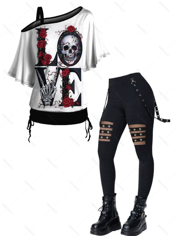 Gothic Women Outfit Rose Skulls Skeleton Love Letter Pattern Skew Neck Half Batwing Sleeve Cinched T-Shirt and Solid Color Hollow Out Buckle Strap Pants Set - BLACK S | US 4