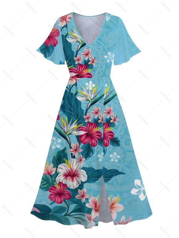Robe de vacances fendue à motif floral et feuilles colorées, manches évasées, col en V, coupe trapèze, mi-longue, décontractée - Bleu clair XXL | US 14