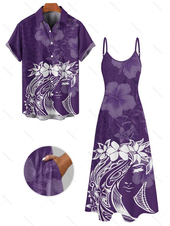 Vacation Couple Outfit Floral Printed Spaghetti Strap A Line Long Tank Dress and Button Up Shirt Casual Matching Outfit - Concorde S | US 4