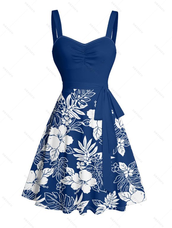 Robe de vacances à motif de feuilles d'hibiscus, buste froncé, ceinture, col en cœur, coupe trapèze, mini, décontractée - Bleu XL | US 12