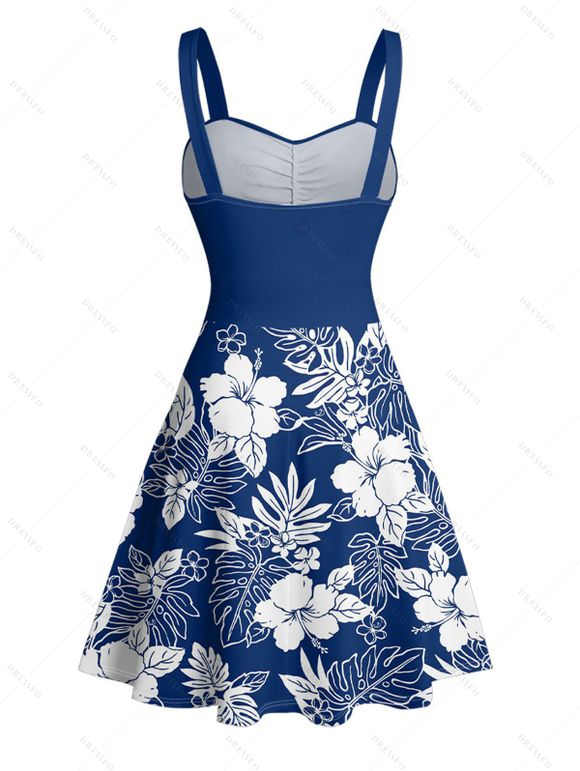 Robe de vacances à motif de feuilles d'hibiscus, buste froncé, ceinture, col en cœur, coupe trapèze, mini, décontractée - Bleu XXL | US 14