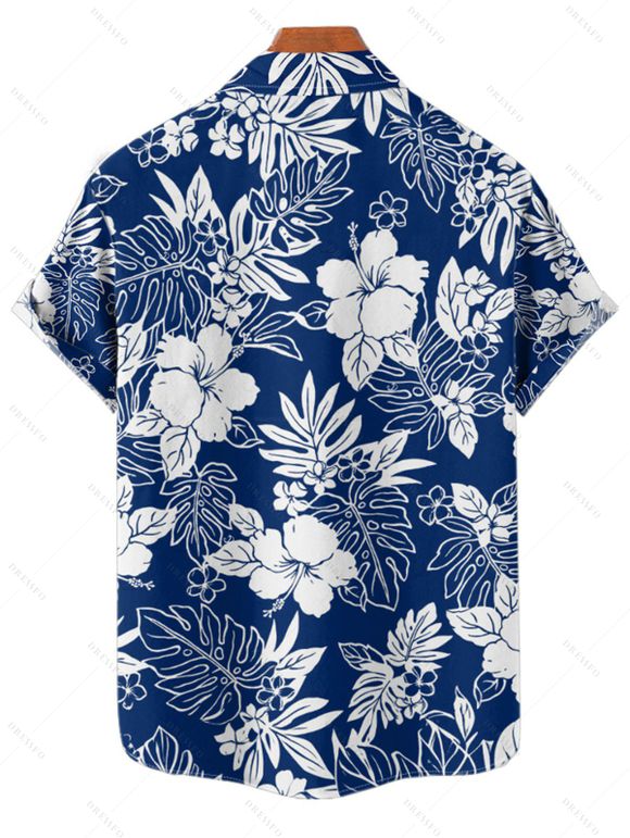 Chemise de vacances pour homme à motif de fleurs d'hibiscus et de feuilles, boutonnée et retroussée, décontractée, à manches courtes - Bleu 2XL