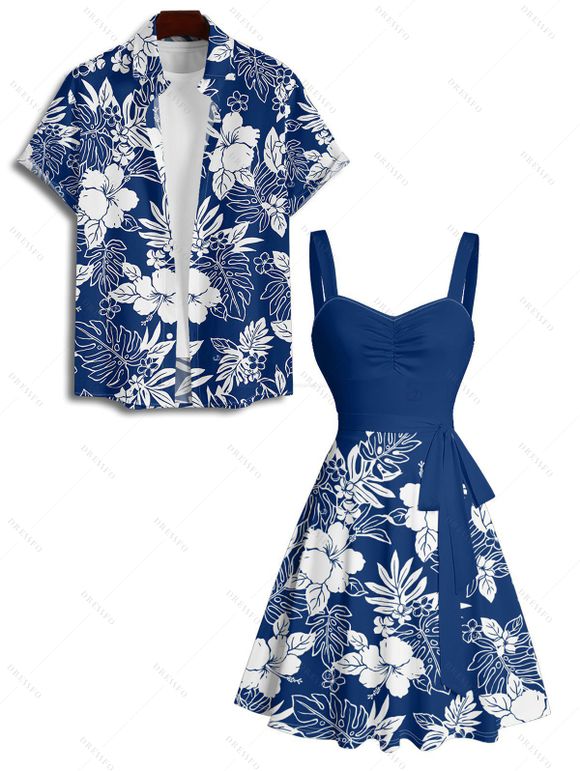 Vacation Couple Outfit Sketch Hibiscus Flower Leaf Pattern Ruched Bust Belt Dress and Button Up Shirt Casual Matching Outfit - BLUE S | US 4