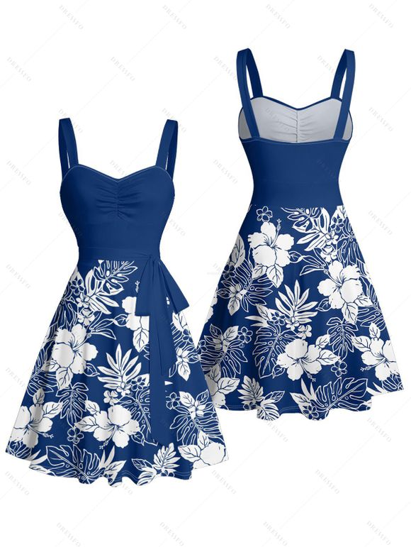 Vacation Couple Outfit Sketch Hibiscus Flower Leaf Pattern Ruched Bust Belt Dress and Button Up Shirt Casual Matching Outfit - Bleu S | US 4