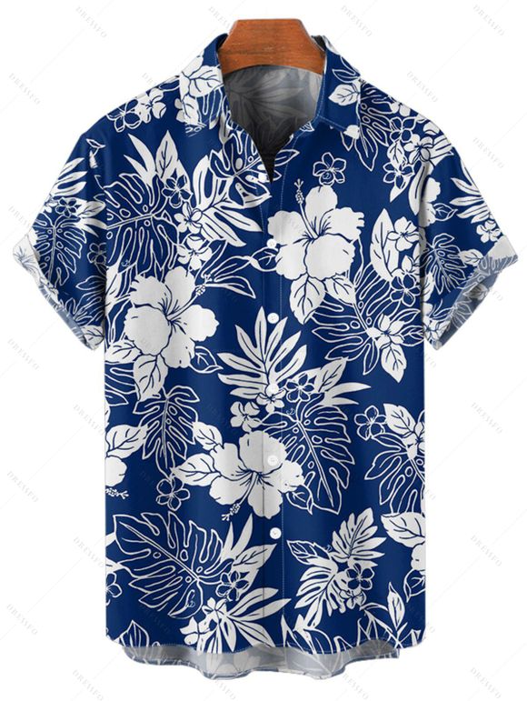 Vacation Couple Outfit Sketch Hibiscus Flower Leaf Pattern Ruched Bust Belt Dress and Button Up Shirt Casual Matching Outfit - Bleu S | US 4