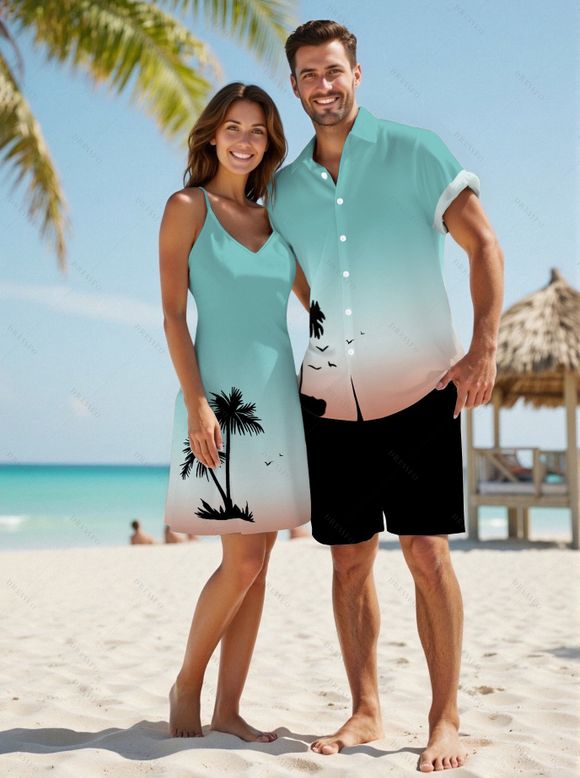 Ombre Palm Tree Print Hawaii Vacation Spaghetti Strap V Neck A Pendulum Mini Dress And Short Sleeve Shirt Matching Outfit - Vert clair S | US 4