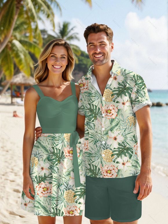 Vacation Couple Outfit Allover Tropical Floral Leaf Print Ruched Bust Belt A Line Mini Dress and Roll Up Sleeve Shirt Beach Two Piece Set - Vert S | US 4