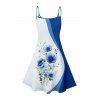 Wedding Couple Outfit Flower Colorblock Pattern Spaghetti Strap V Neck A Line Mini Tank Dress and Button Up Shirt Vacation Matching Outfit - Bleu S | US 4