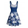 Robe de vacances à motif de feuilles d'hibiscus, buste froncé, ceinture, col en cœur, coupe trapèze, mini, décontractée - Bleu XL | US 12