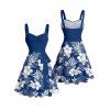 Robe de vacances à motif de feuilles d'hibiscus, buste froncé, ceinture, col en cœur, coupe trapèze, mini, décontractée - Bleu XL | US 12