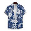 Chemise de vacances pour homme à motif de fleurs d'hibiscus et de feuilles, boutonnée et retroussée, décontractée, à manches courtes - Bleu 2XL