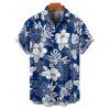 Chemise de vacances pour homme à motif de fleurs d'hibiscus et de feuilles, boutonnée et retroussée, décontractée, à manches courtes - Bleu 2XL