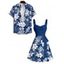 Vacation Couple Outfit Sketch Hibiscus Flower Leaf Pattern Ruched Bust Belt Dress and Button Up Shirt Casual Matching Outfit - BLUE S | US 4