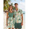 Vacation Couple Outfit Allover Tropical Floral Leaf Print Ruched Bust Belt A Line Mini Dress and Roll Up Sleeve Shirt Beach Two Piece Set - Vert S | US 4