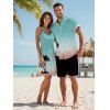 Ombre Palm Tree Print Hawaii Vacation Spaghetti Strap V Neck A Pendulum Mini Dress And Short Sleeve Shirt Matching Outfit - Vert clair S | US 4