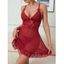 Ensemble de lingerie de couleur unie avec empiècement en dentelle, nœud papillon, transparent, découpé, robe et string - Rouge XL | US 12