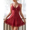 Ensemble de lingerie de couleur unie avec empiècement en dentelle, nœud papillon, transparent, découpé, robe et string - Rouge XL | US 12