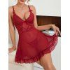 Ensemble de lingerie de couleur unie avec empiècement en dentelle, nœud papillon, transparent, découpé, robe et string - Rouge XL | US 12
