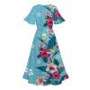 Robe de vacances fendue à motif floral et feuilles colorées, manches évasées, col en V, coupe trapèze, mi-longue, décontractée - Bleu clair XXL | US 14