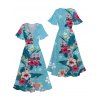 Robe de vacances fendue à motif floral et feuilles colorées, manches évasées, col en V, coupe trapèze, mi-longue, décontractée - Bleu clair XXL | US 14