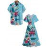 Vacation Couple Outfit Colored Floral Leaf Pattern Slit Flare Sleeve V Neck A Line Midi Dress and Button Up Shirt Casual Matching Outfit - Bleu clair S | US 4
