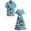 Vacation Couple Outfit Colored Floral Leaf Pattern Slit Flare Sleeve V Neck A Line Midi Dress and Button Up Shirt Casual Matching Outfit - Bleu clair S | US 4