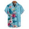 Vacation Couple Outfit Colored Floral Leaf Pattern Slit Flare Sleeve V Neck A Line Midi Dress and Button Up Shirt Casual Matching Outfit - Bleu clair S | US 4