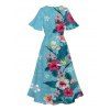 Vacation Couple Outfit Colored Floral Leaf Pattern Slit Flare Sleeve V Neck A Line Midi Dress and Button Up Shirt Casual Matching Outfit - Bleu clair S | US 4