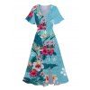 Vacation Couple Outfit Colored Floral Leaf Pattern Slit Flare Sleeve V Neck A Line Midi Dress and Button Up Shirt Casual Matching Outfit - Bleu clair S | US 4