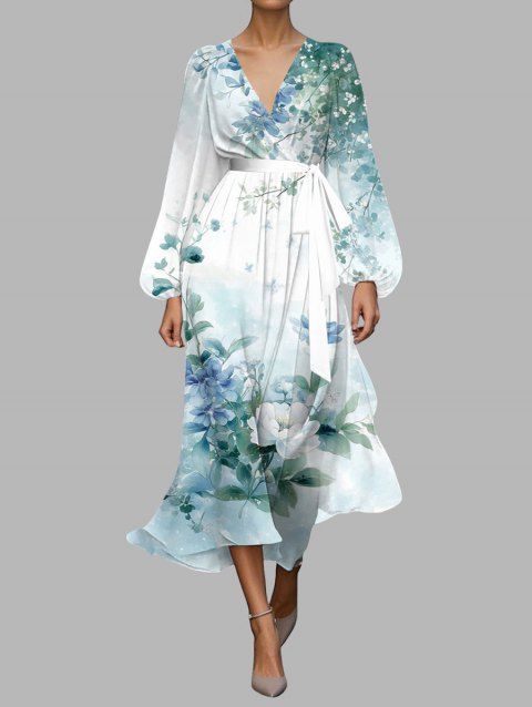 Robe en mousseline de soie à motif floral et feuilles ombré, ceinture, décolleté plongeant, manches longues, coupe trapèze, robe de vacances