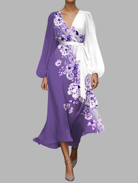 Robe en mousseline de soie à motif floral contrasté, ceinture, col plongeant, manches longues, robe de vacances trapèze