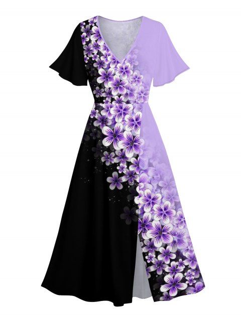 Robe de vacances fendue à motif floral colorblock, manches mi-évasées, col en V, robe mi-longue trapèze