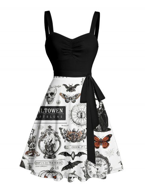 Robe gothique à col en cœur, mini robe trapèze d'Halloween, couleur contrastée, motif crâne, citrouille, papillon, horloge, sorcière, lettres, buste froncé, ceinture