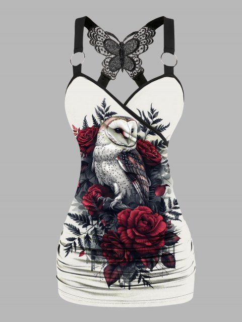 Débardeur gothique froncé en dentelle avec motif hibou, rose, feuille, papillon, bretelles à anneau en O, haut long pour les vacances
