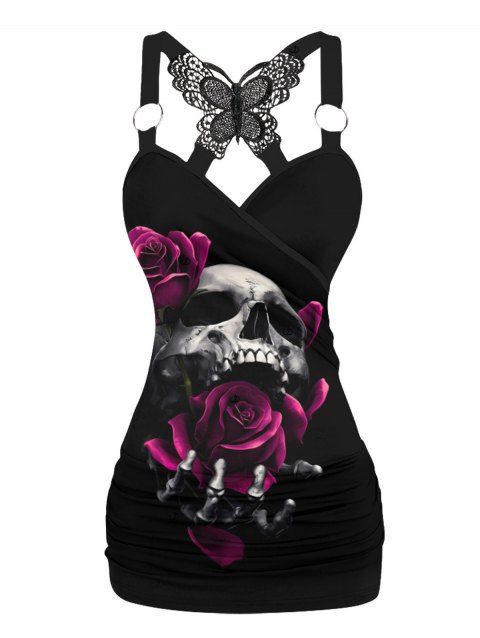Rose Skulls Pattern Butterfly Lace Ruched Gothic Tank Top Surplice O Ring Strap Holiday Long Top