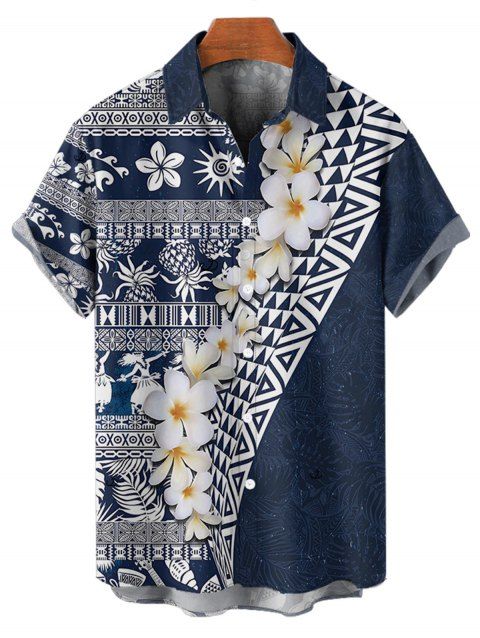 Chemise de vacances à manches courtes et boutons pour homme, style ethnique fleuri, motif géométrique, décontractée